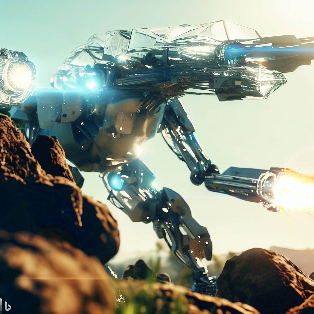 future mech dinosaur with glass body firing guns in wild, rocks in foreground, lens flare, 35mm, realistic 5.jpg